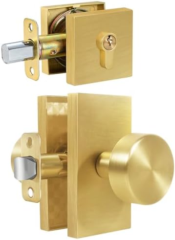 Newlaking Gold Door Knob with Deadbolt Set - Satin Brass