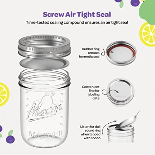 SEWANTA Wide Mouth Mason Jars 16 oz 5 Pack - Canning Pickling Preserving Sets