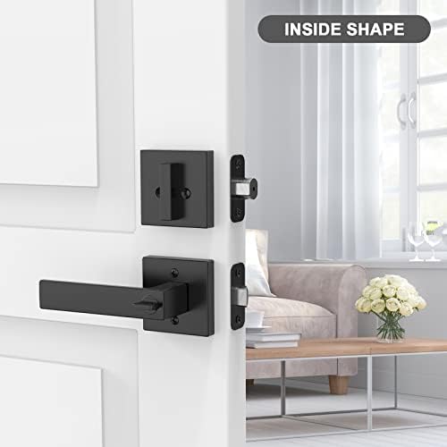 BAOLONG Modern Square Entry Lever Door Handle and Deadbolt Set Matte Black