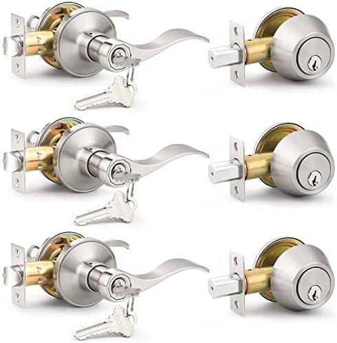 Probrico 3 Set Satin Nickel Exterior Entry Lever Deadbolt Combo