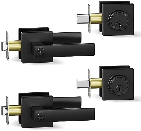 BAOLONG Modern Square Entry Lever Door Handle and Deadbolt Set Matte Black