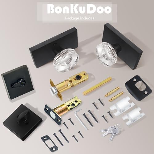 Sleek Glass Crystal Door Knobs with Deadbolt Set - Matte Black