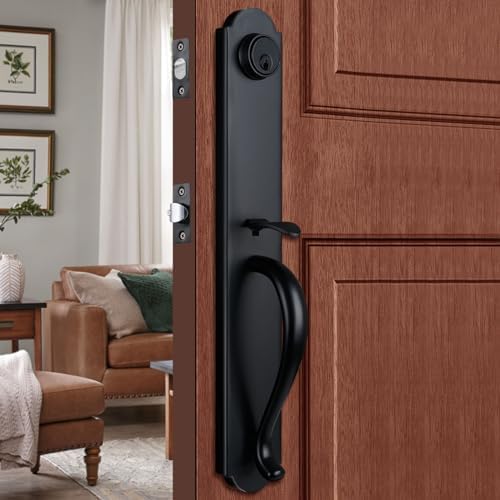 Matte Black Front Door Handleset with Deadbolt Adjustable reversible security