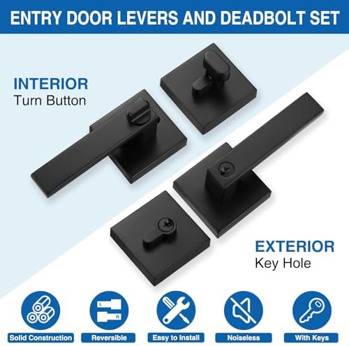 Sopoby Flat Black Door Handles Deadbolt Combo Pack