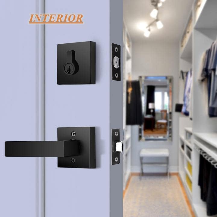 Probrico Flat Black Passage Door Lever with Double Cylinder Deadbolt Combo