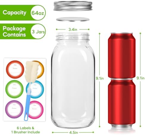 3-Pack wide mouth mason jars for canning storing 64 oz with lids bands Durable leakproof