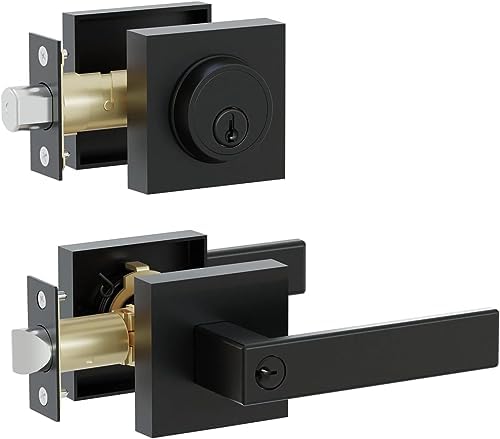 Entry Door Handle and Single Cylinder Deadbolt Combo with Matte Black finish