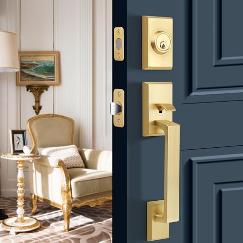 Gaurqiah brushed gold front door entry handle set heavy-duty satin brass