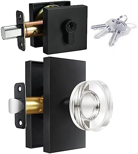 Sleek Glass Crystal Door Knobs with Deadbolt Set - Matte Black