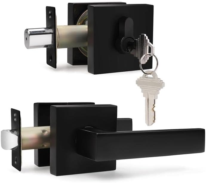 Probrico Flat Black Passage Door Lever with Double Cylinder Deadbolt Combo