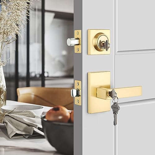 Gold Front Door Handle with Deadbolt Set