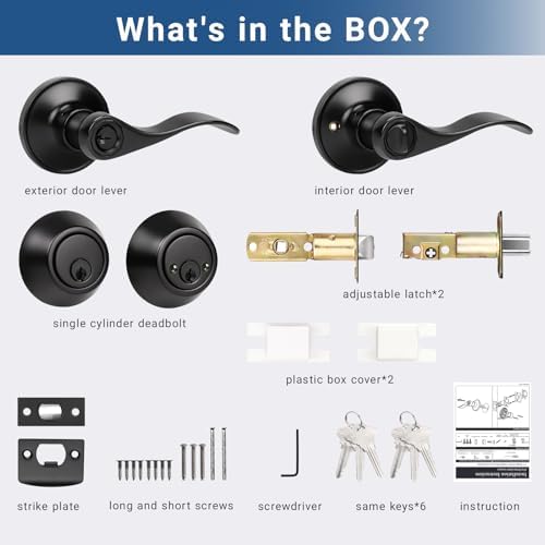 Matte Black Door Handle and Deadbolt Set with 6 Keys