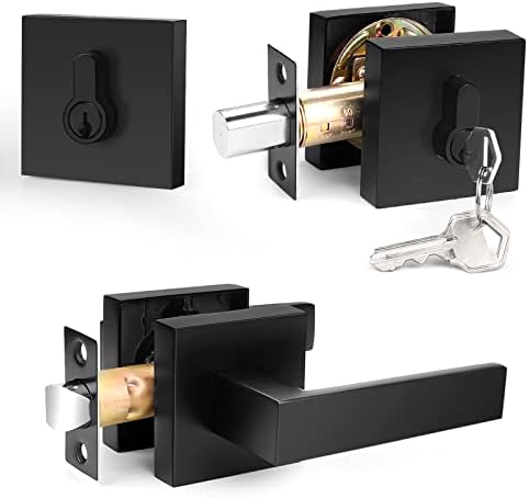 Probrico Flat Black Passage Door Lever with Double Cylinder Deadbolt Combo