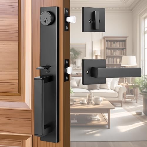 Modern Matte Black Front Door Handle Set with Deadbolt