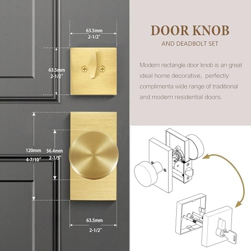 Newlaking Gold Door Knob with Deadbolt Set - Satin Brass