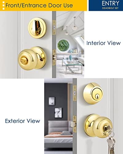 4-Pack Polished Brass Keyed Entry Door Knob Deadbolt Set