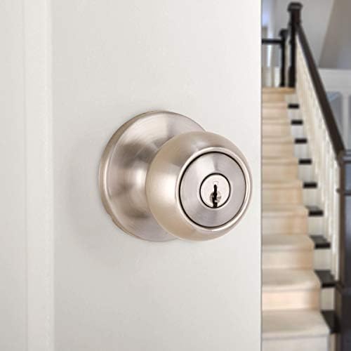 Amazon Basics Exterior Door Knob With Lock Satin Nickel Coastal Style