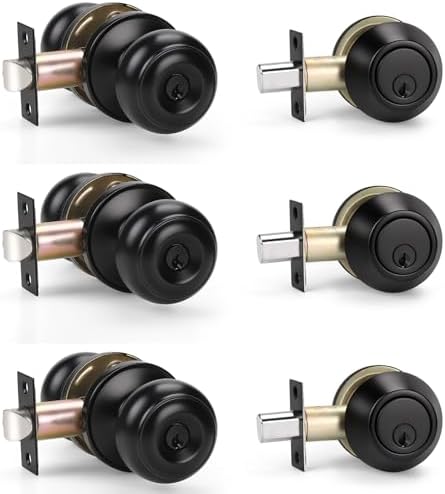 KNOBWELL 3-Piece Keyed Entry Door Knobs Deadbolt Combo Set Matte Black