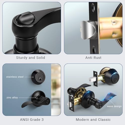 Matte Black Door Handle and Deadbolt Set with 6 Keys