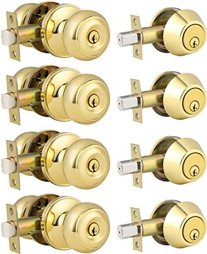 4-Pack Polished Brass Keyed Entry Door Knob Deadbolt Set