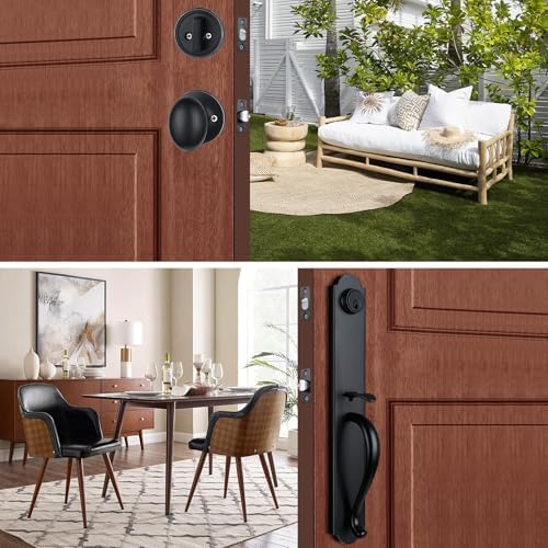 Matte Black Front Door Handleset with Deadbolt Adjustable reversible security