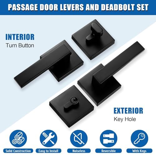 Sopoby Passage Door Handle Set Matte Black Single Cylinder Deadbolt Combo