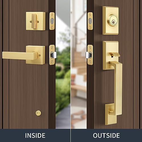 Gaurqiah brushed gold front door entry handle set heavy-duty satin brass