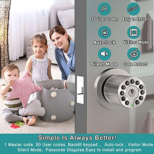 Keypad Door Knob with Keyless Entry 50 User Code Easy to Install