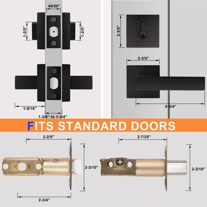 Probrico Flat Black Passage Door Lever with Double Cylinder Deadbolt Combo