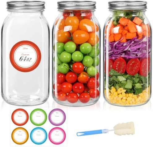 3-Pack wide mouth mason jars for canning storing 64 oz with lids bands Durable leakproof