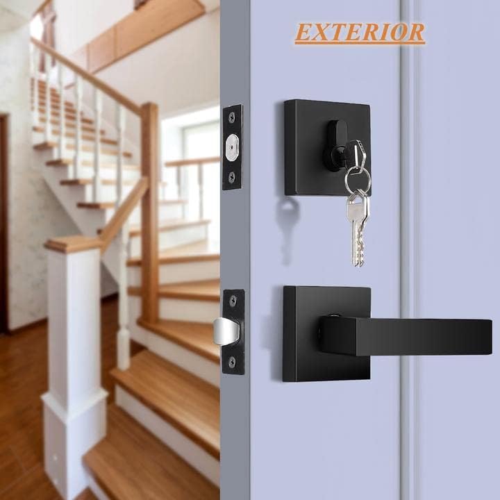 Probrico Flat Black Passage Door Lever with Double Cylinder Deadbolt Combo