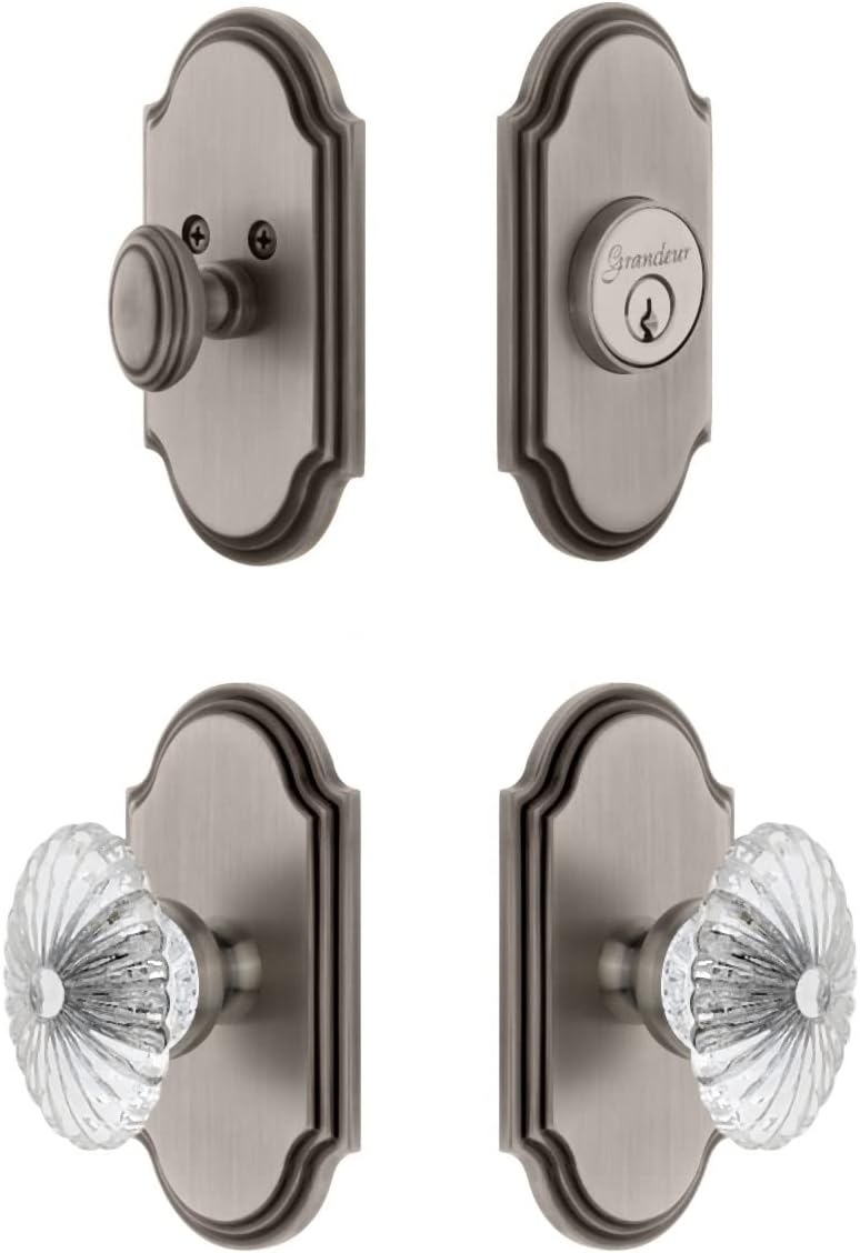 Grandeur Deadbolt Knob Set Antique Pewter Burgundy Crystal Knob 2-38 Backset