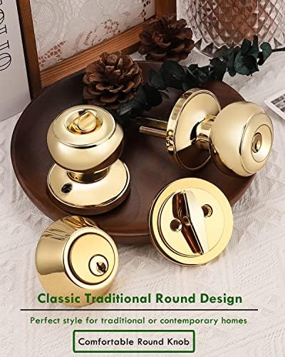 4-Pack Polished Brass Keyed Entry Door Knob Deadbolt Set