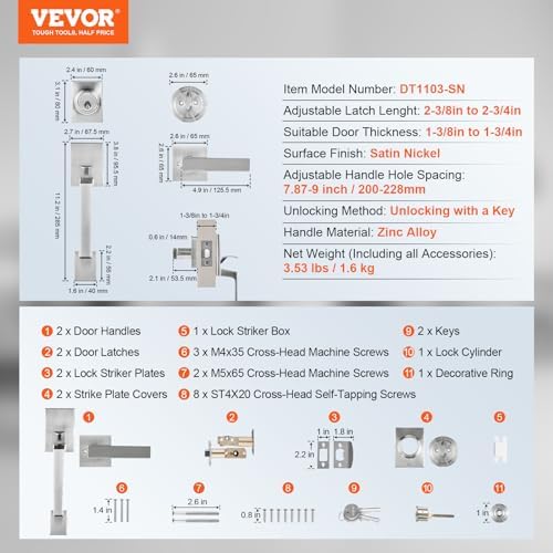 VEVOR Front Door Handle Set with Satin Nickel Hardware