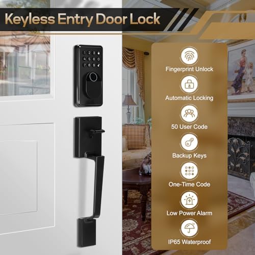 Feikeir Fingerprint Keypad Door Lock with Handle Set Reversible Matte Black