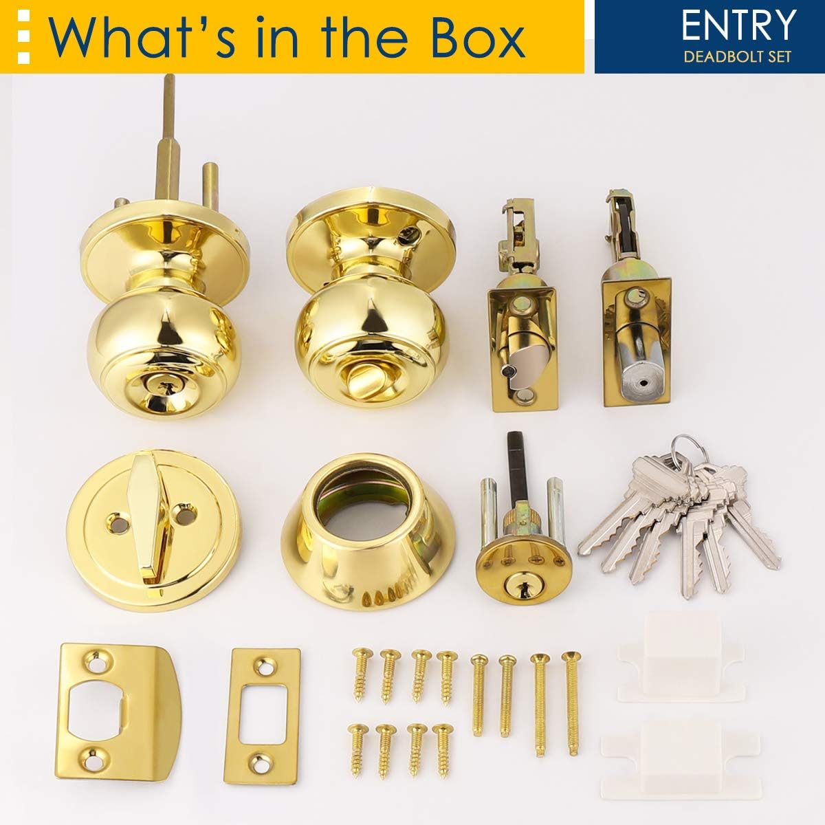 4-Pack Polished Brass Keyed Entry Door Knob Deadbolt Set
