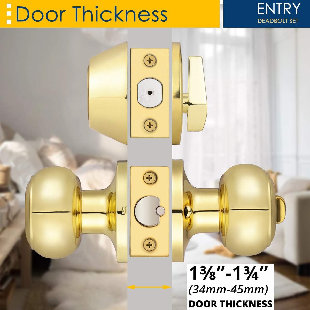 4-Pack Polished Brass Keyed Entry Door Knob Deadbolt Set