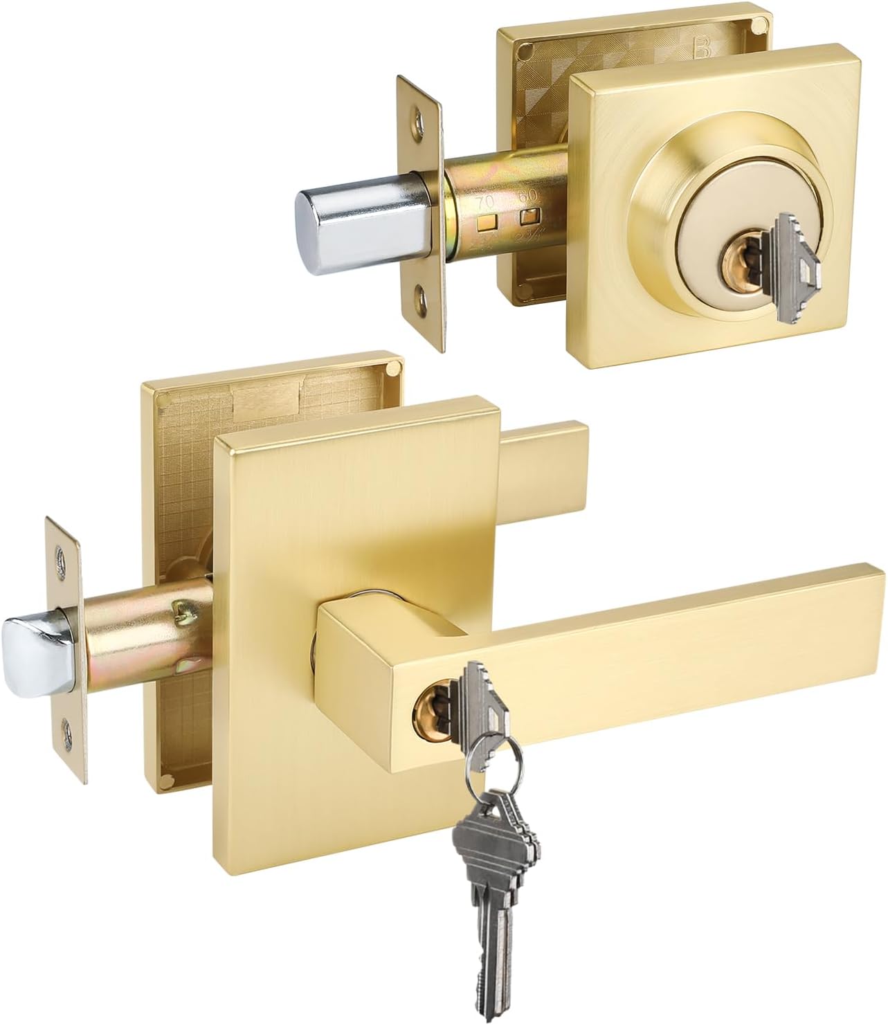 Gold Front Door Handle with Deadbolt Set