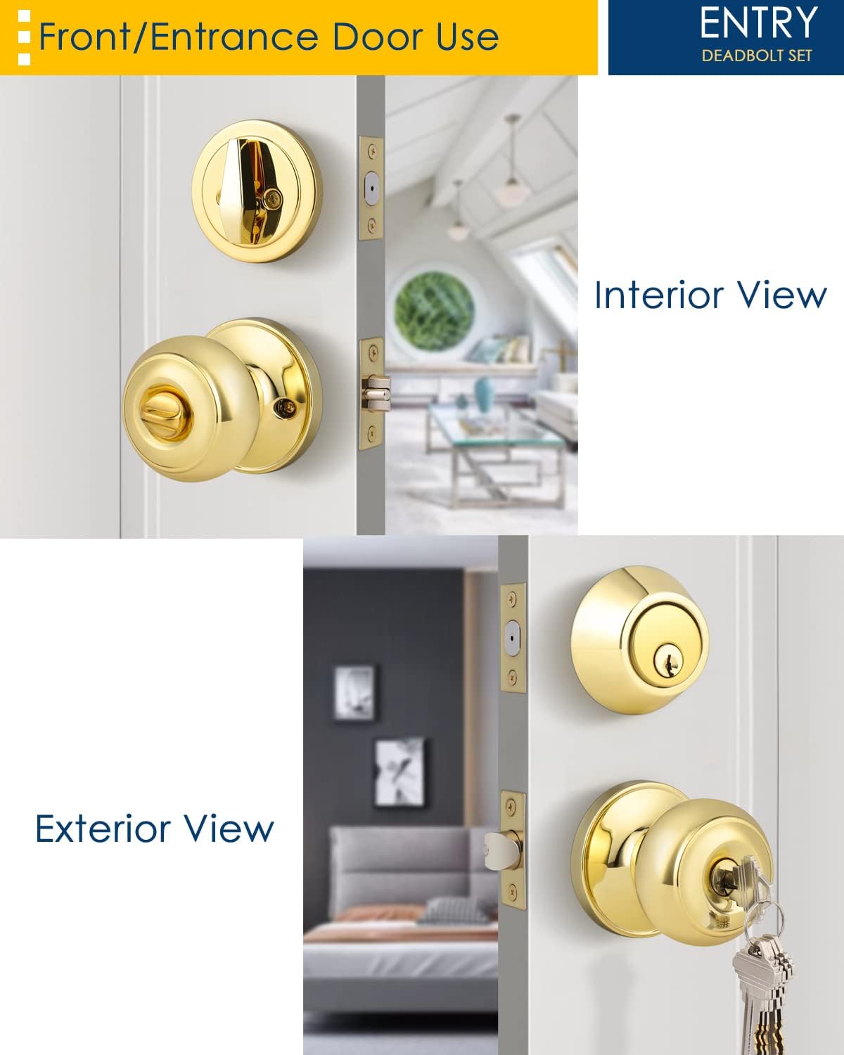 4-Pack Polished Brass Keyed Entry Door Knob Deadbolt Set