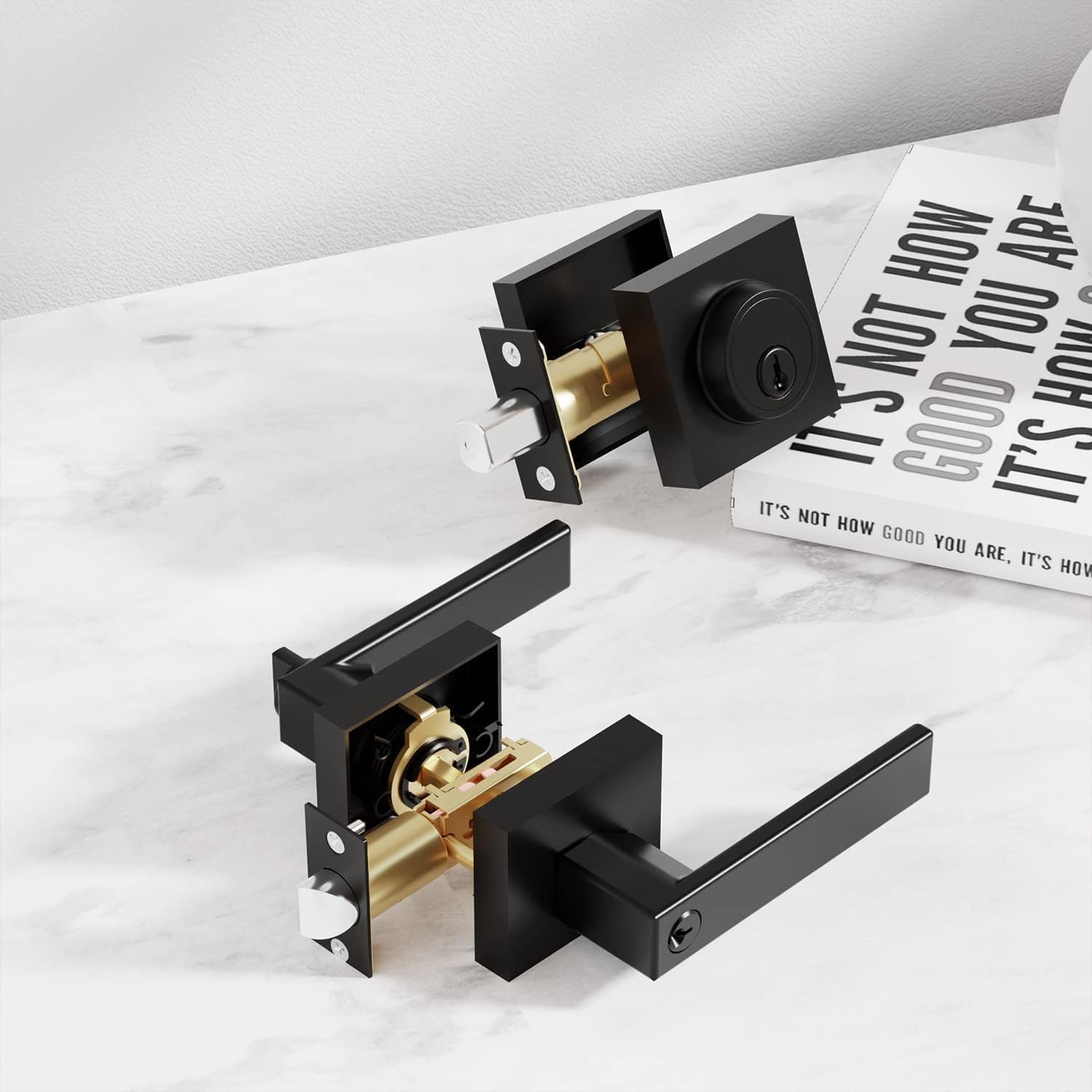 Entry Door Handle and Single Cylinder Deadbolt Combo with Matte Black finish