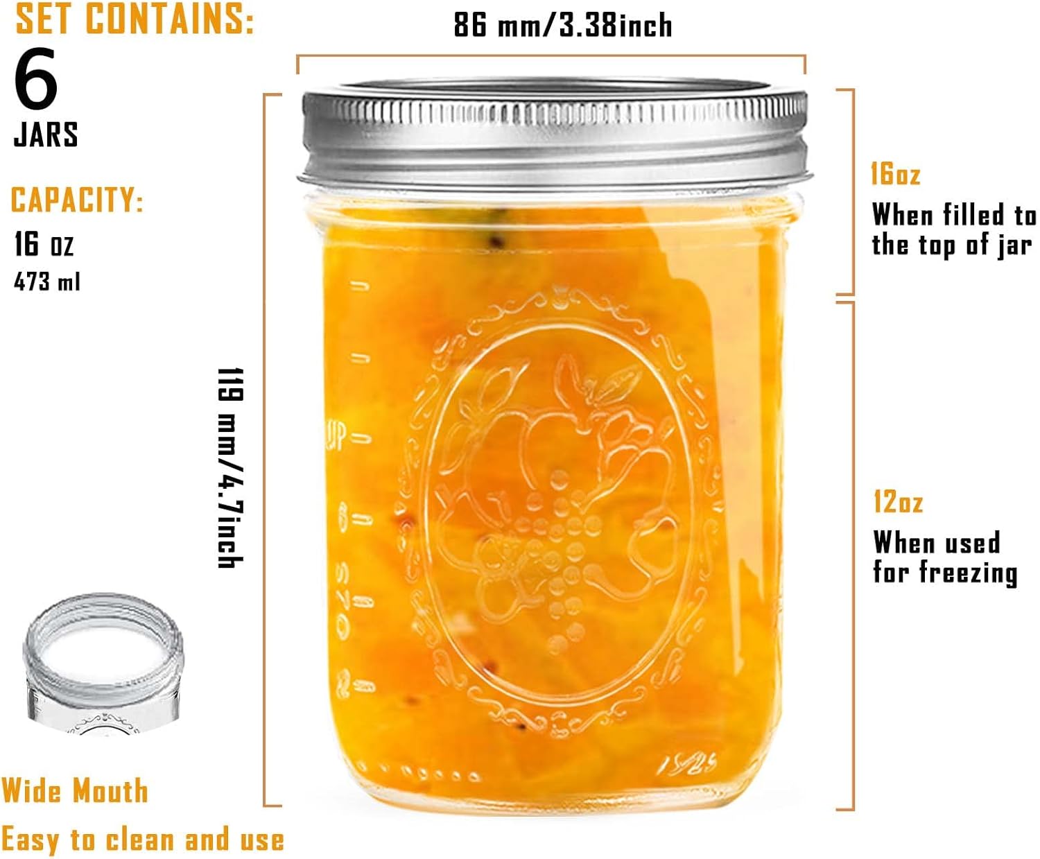Wide Mouth Mason Jar 16oz with Lids 6pk