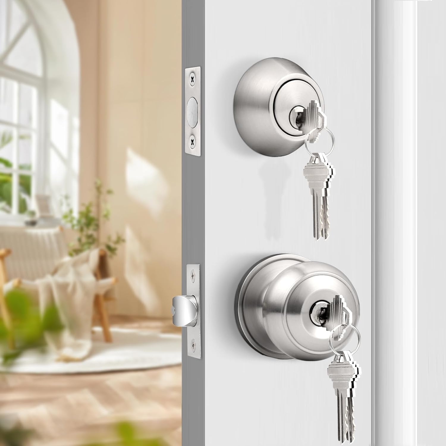 Probrico Keyed Alike Round Entry Door Knob and Deadbolt Set Satin Nickel