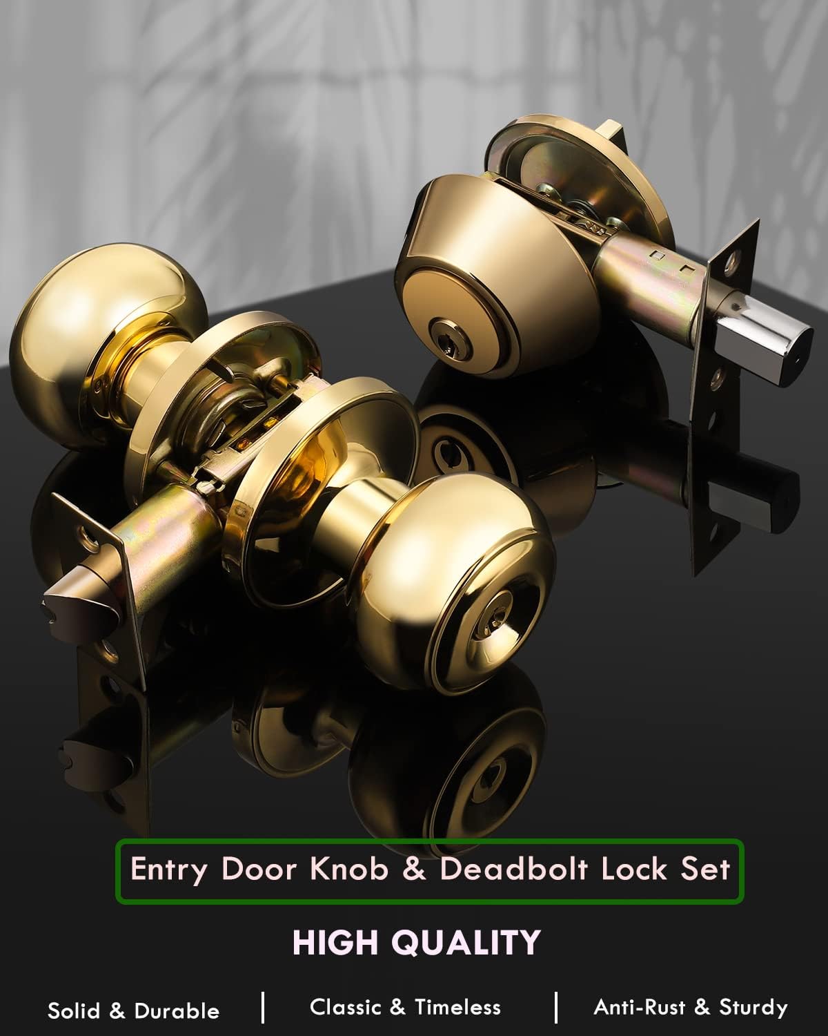 4-Pack Polished Brass Keyed Entry Door Knob Deadbolt Set