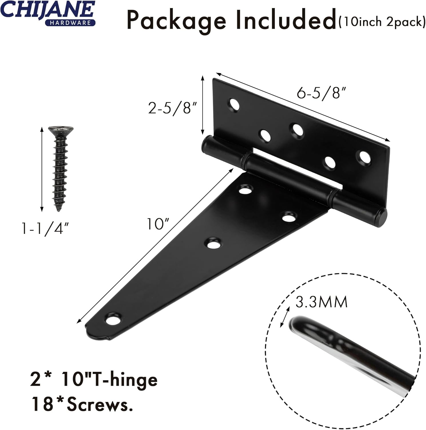 CHIJANE10 Inch Heavy Duty T-Strap Shed Door Hinges 2 Pack