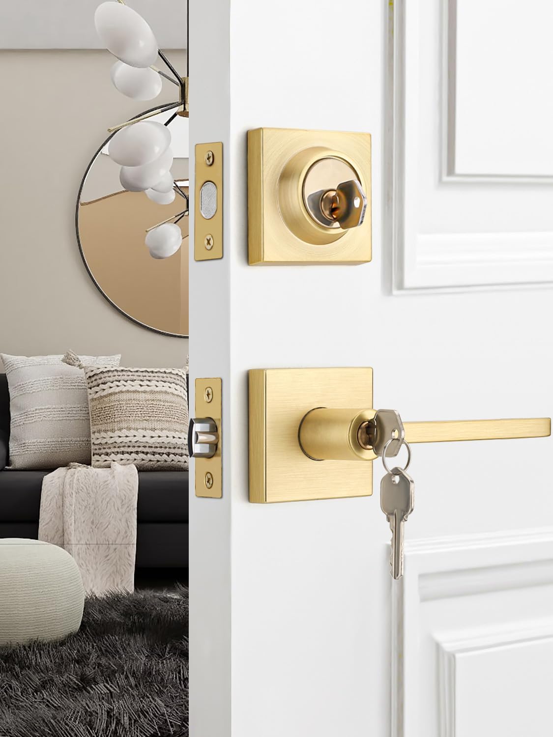 EHomeware Gold Door Handleset Satin Brass Reversible for RightLeft Doors