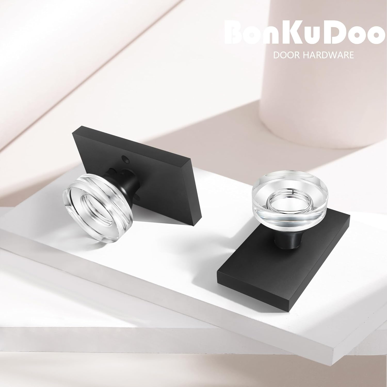 Sleek Glass Crystal Door Knobs with Deadbolt Set - Matte Black