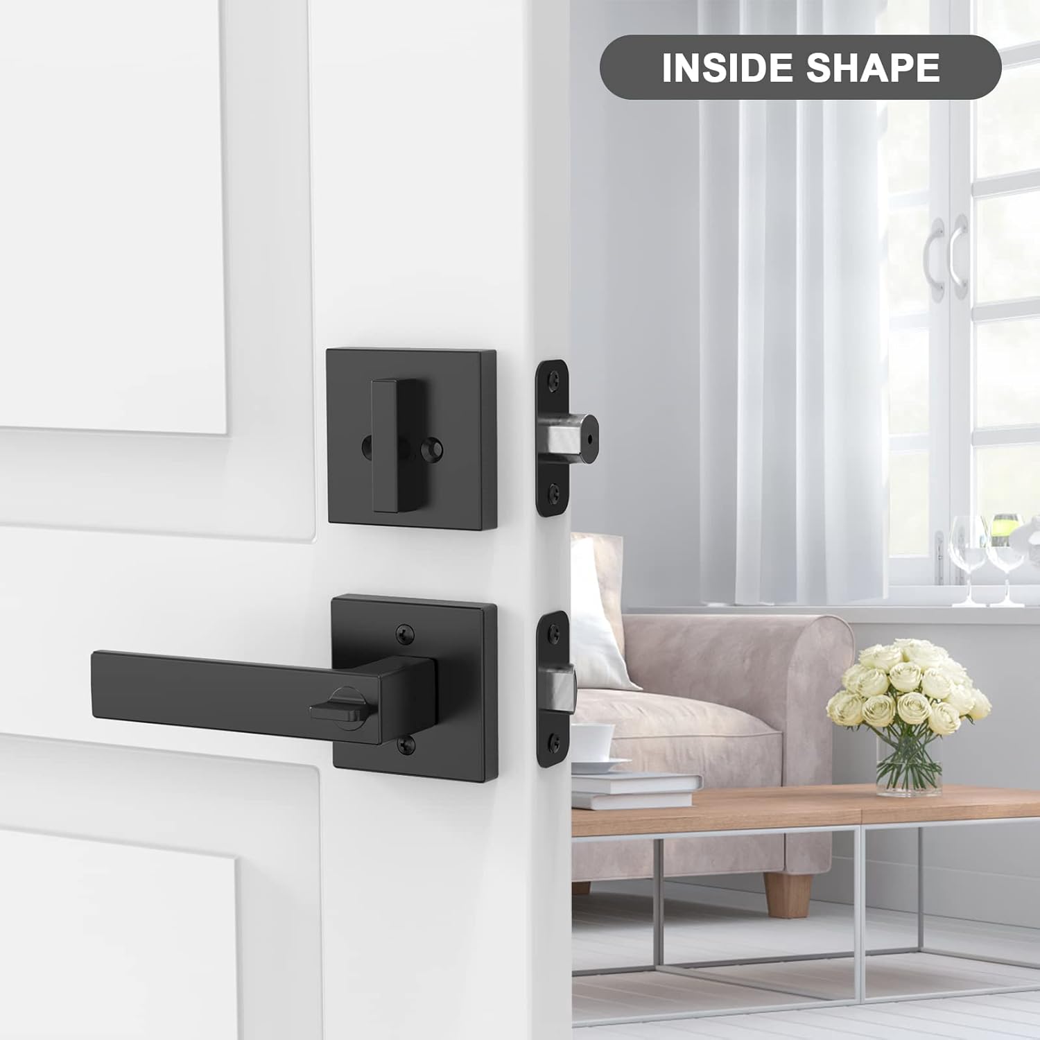 BAOLONG Modern Square Entry Lever Door Handle and Deadbolt Set Matte Black