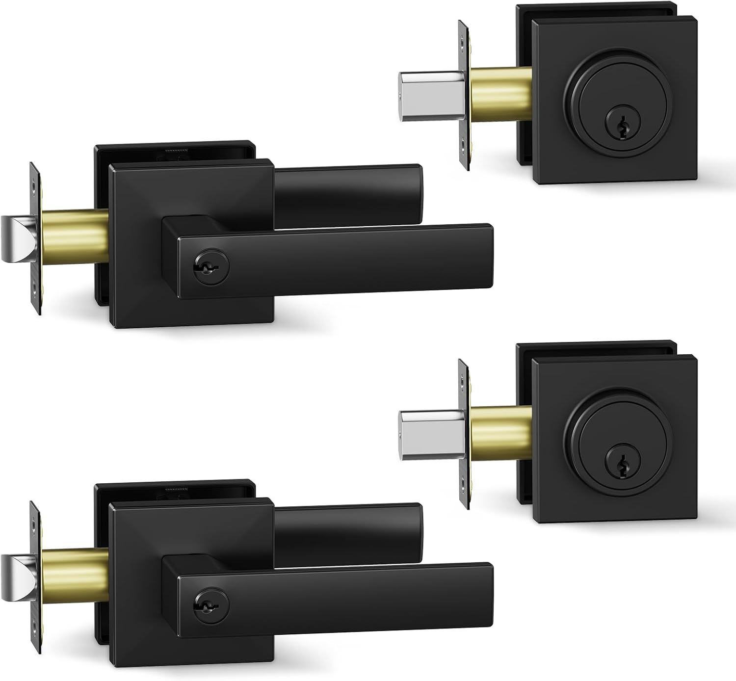 BAOLONG Modern Square Entry Lever Door Handle and Deadbolt Set Matte Black