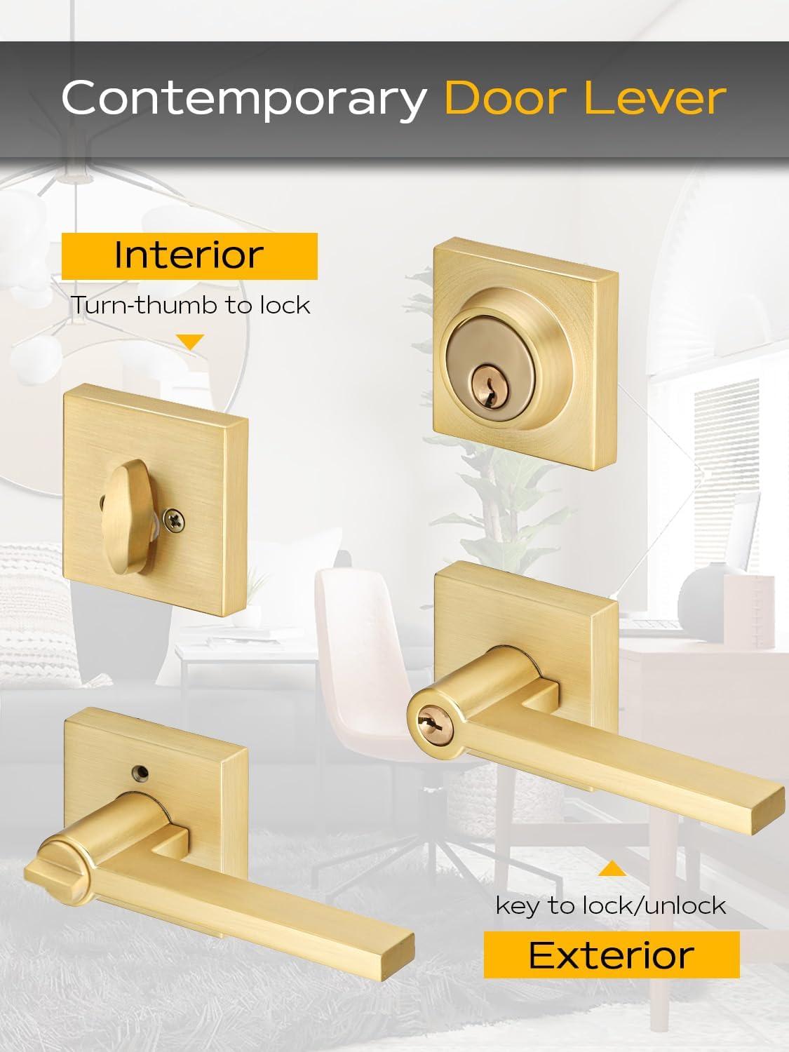 EHomeware Gold Door Handleset Satin Brass Reversible for RightLeft Doors