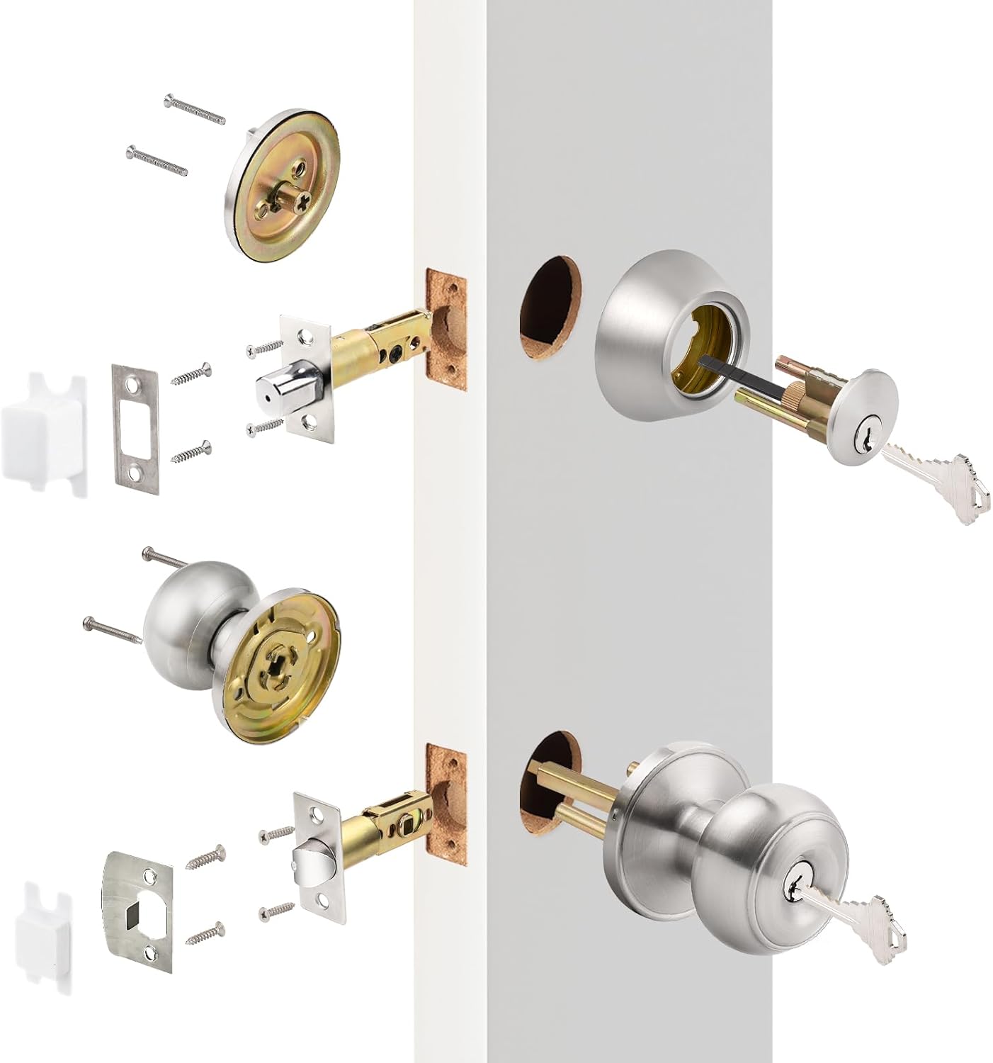 Probrico Keyed Alike Round Entry Door Knob and Deadbolt Set Satin Nickel
